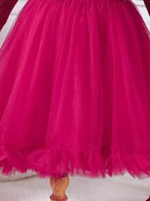 Young Girl Urban Red Tweed Contrast Mesh & Ribbon Accent Decorated Dress - Burgundy - View 4