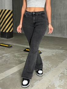 Women's Dark Gray Stretch Flared Jeans, Everyday Comfort Casual Style - 深灰色 - 查看 4