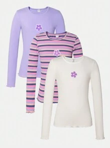 Sparklyn 3 件装 Tween Girls 休闲条纹花卉 T 恤