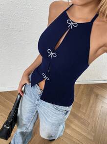 SHEIN EZwear 女式休闲纯色常规款无袖露背背心 - 藏蓝色 - 查看 4