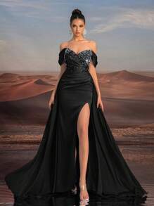 Glamrae Vestido de noche elegante y grácil con hombros descubiertos, escote princesa, silueta ajustada de sirena, con volante delantero, ribete con cuentas, espalda descubierta con abertura alta y tren desmontable, para ocasiones formales, bodas, fiestas. Vestido de noche negro para invitados de boda, graduación, cena.