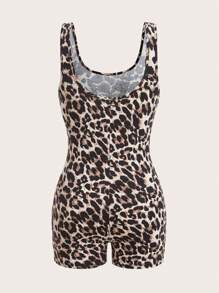 SHEIN EZwear 女士方领和方领短款上衣和全长紧身裤套装，时尚豹纹针织连体裤 - 卡其色 - 查看 11