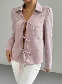 SHEIN Clasi 女式春夏仿珍珠装饰长袖前系带宽松衬衫 - 藕粉色 - 查看 4