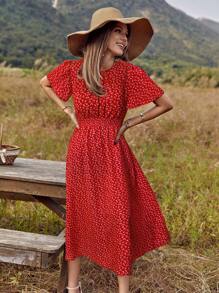 SHEIN Clasi 女式 V 领荷叶边短袖碎花优雅度假连衣裙新年服装长款女装