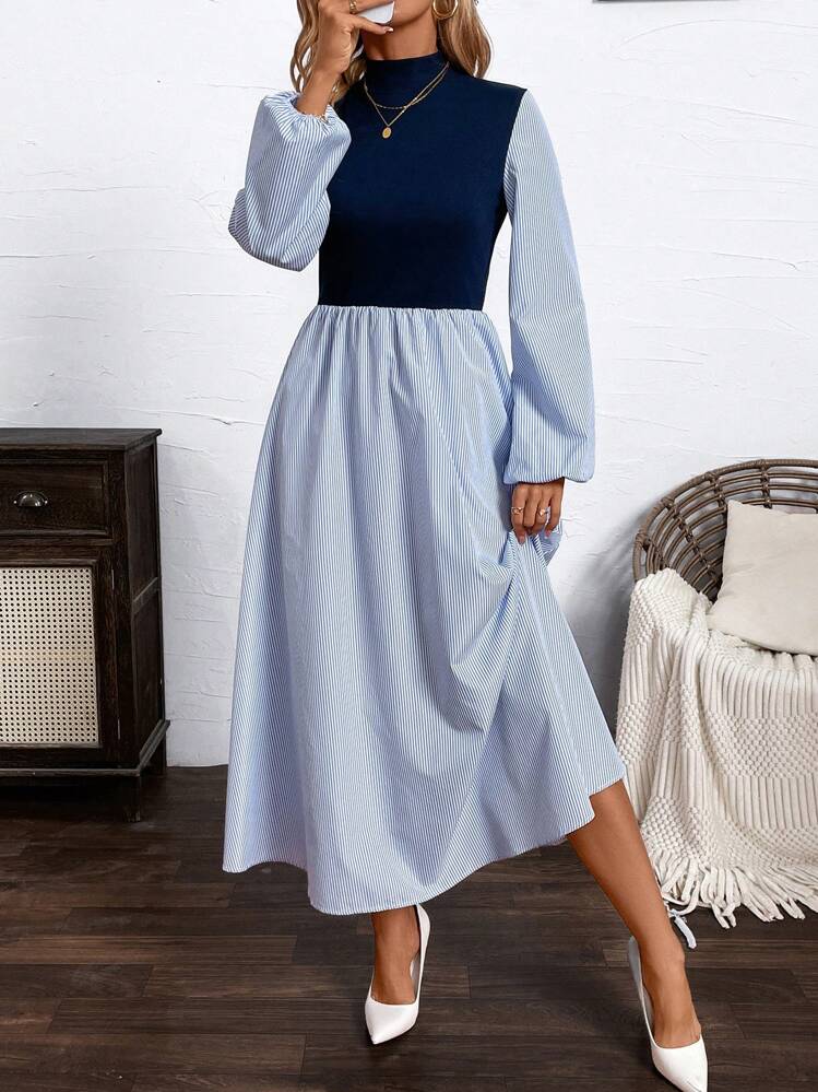 SHEIN Clasi Women's Elegant Blue And White Striped Color Block Mid-Length  Dress | SHEIN USA