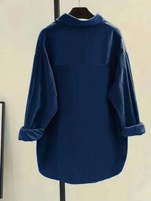 女士休闲条纹落肩长袖单排扣宽松衬衫，春秋，长袖上衣