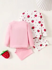 SHEIN Leap Crew 4 piezas Conjunto de ropa cómoda de manga larga con cuello redondo y estampado de fresa, top y pantalones de ajuste ceñido para bebé niña - Multicolor - Ver 2