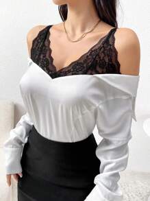 Modelyn Women's Elegant Contrast Lace Open Shoulder Long Sleeve Blouse, Spring Summer - Black and White - View 1