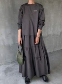 FRIFUL Vestido de manga larga con cuello redondo estampado minimalista para mujer, con volantes