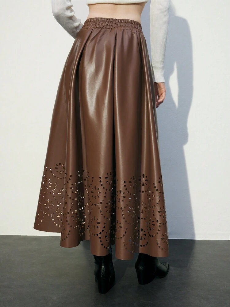 SHEIN Maija Damen braun einfarbiger, elastischer Bund, lasergeschnittener, langer, eleganter Rock aus PU-Leder für Herbst & Winter