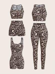 SHEIN EZwear 女士方领和方领短款上衣和全长紧身裤套装，时尚豹纹针织连体裤 - 卡其色 - 查看 1