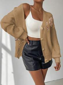 SHEIN Unity 女式长袖前扣花卉图案亮片装饰衬衫 - 卡其色 - 查看 6