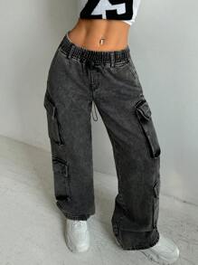 SHEIN EZwear Dames Casual Losse Lage Taille Wijde Pijpen Jeans Met Zakken, Zwart