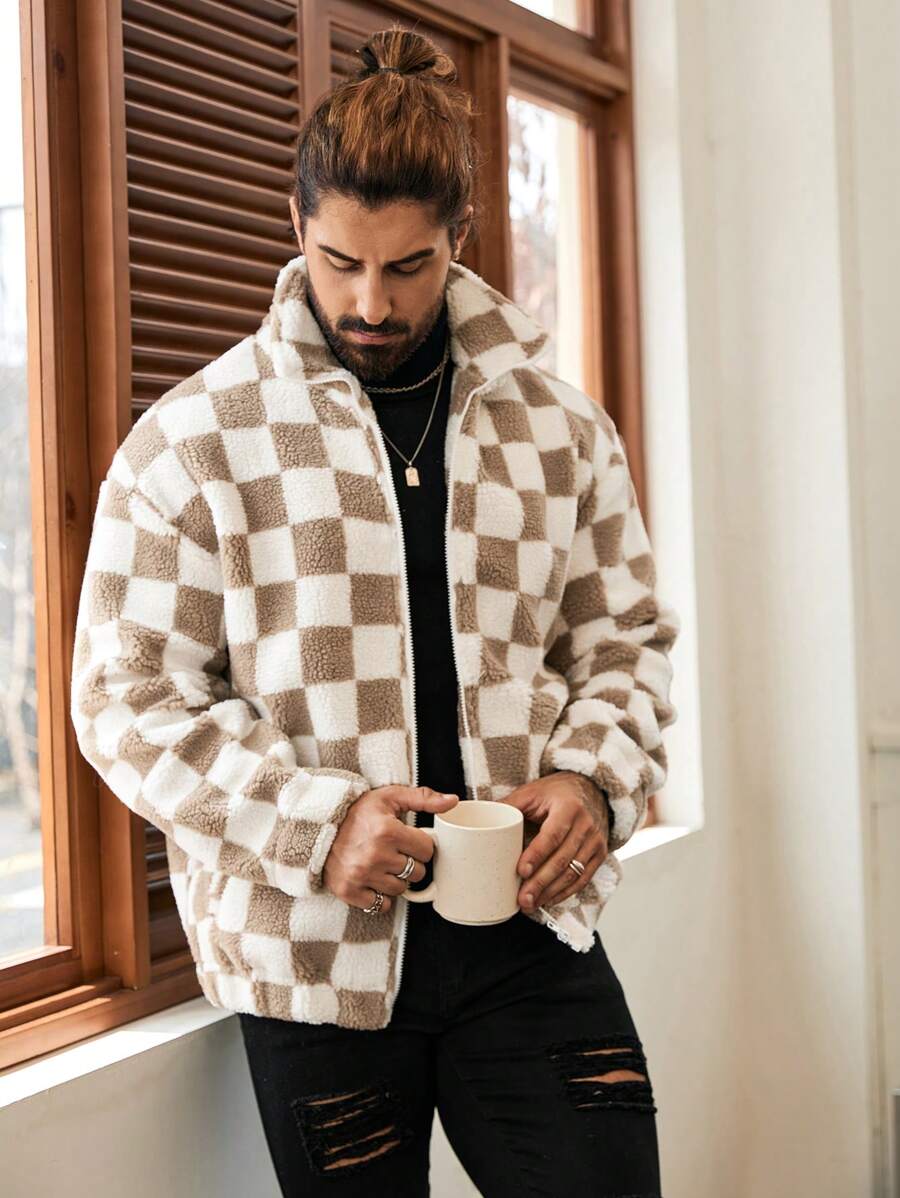 Manfinity Homme Áo khoác nam ca rô lông cừu dày có khóa kéo phía trước cho mùa thu/đông, áo khoác nam, quần áo nam thu đông, áo khoác nam mùa đông, quà tặng bạn trai, áo khoác lông cừu xanh - Nhiều màu - Xem 1
