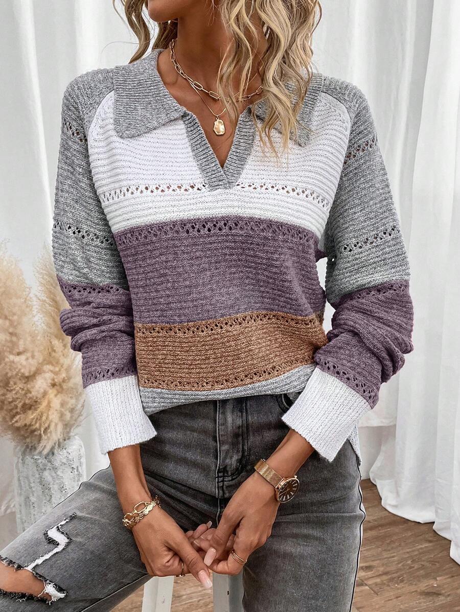 SHEIN LUNE Solid Color Patchwork Long Sleeve Minimalist Sweater, Casual Everyday Wear - Multicolor - View 1