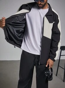 Manfinity LEGND Men's Plus Size Contrast Color Splice Front Zip Up Casual Jacket Fall Men Clothes - Multicolor - View 5
