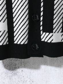 Geometric Colorblock Intarsia Knit Cardigan With Unique Fashion Charm, For Teenage Boys