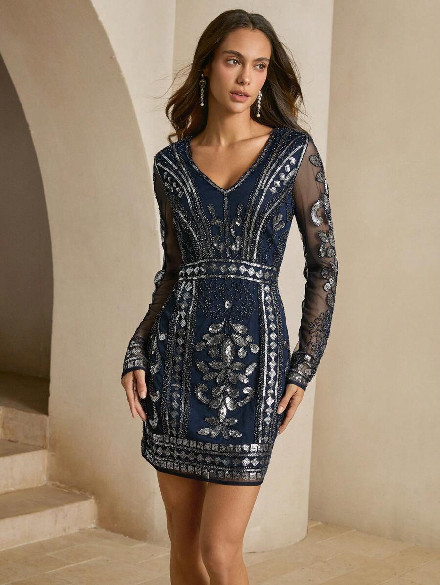 Anewsta Đầm sequin dài tay cổ chữ V mới cho nữ - Màu xanh lam - Xem 1