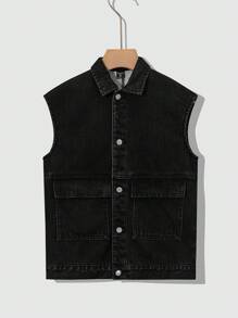 SHEIN 青少年男童时尚休闲复古黑色牛仔内衬保暖舒适翻领无袖夹克，适合感恩节、日常穿着以及秋冬季穿着。 - 黑色 - 查看 6