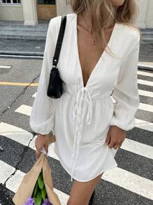 Serisse Women's V-Neck Cinched Waist A-Line Pleated Long Sleeve Textured Fabric Dress,White Dress ,Prom Ball/Uni/Halloween/Patterned Sweater/Patch/Schoolwear For Women/Halloween Sweater/Essentials/Christmas/Women's Office Attire/Basic/Cute,White Graduation Dress Winter New Year Casual Spring - White - View 3