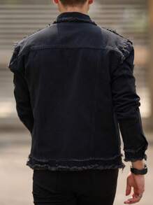 Manfinity LEGND Men's Front Button Long Sleeve Frayed Edge Casual Denim Jacket - Black - View 2