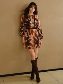 MOTF STUDIO STUDDED PATCHWORK BISHOP SLEEVE PLEATED DRESS - Coffee Brown - View 1