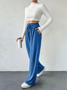 EURMUSE Women Casual Drawstring Waist Wide Leg Design Pants - Blue - View 4