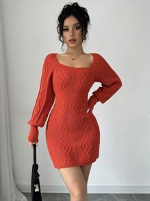 Calvaya Square Neck Solid Color Casual Long Sleeve Sweater Dress