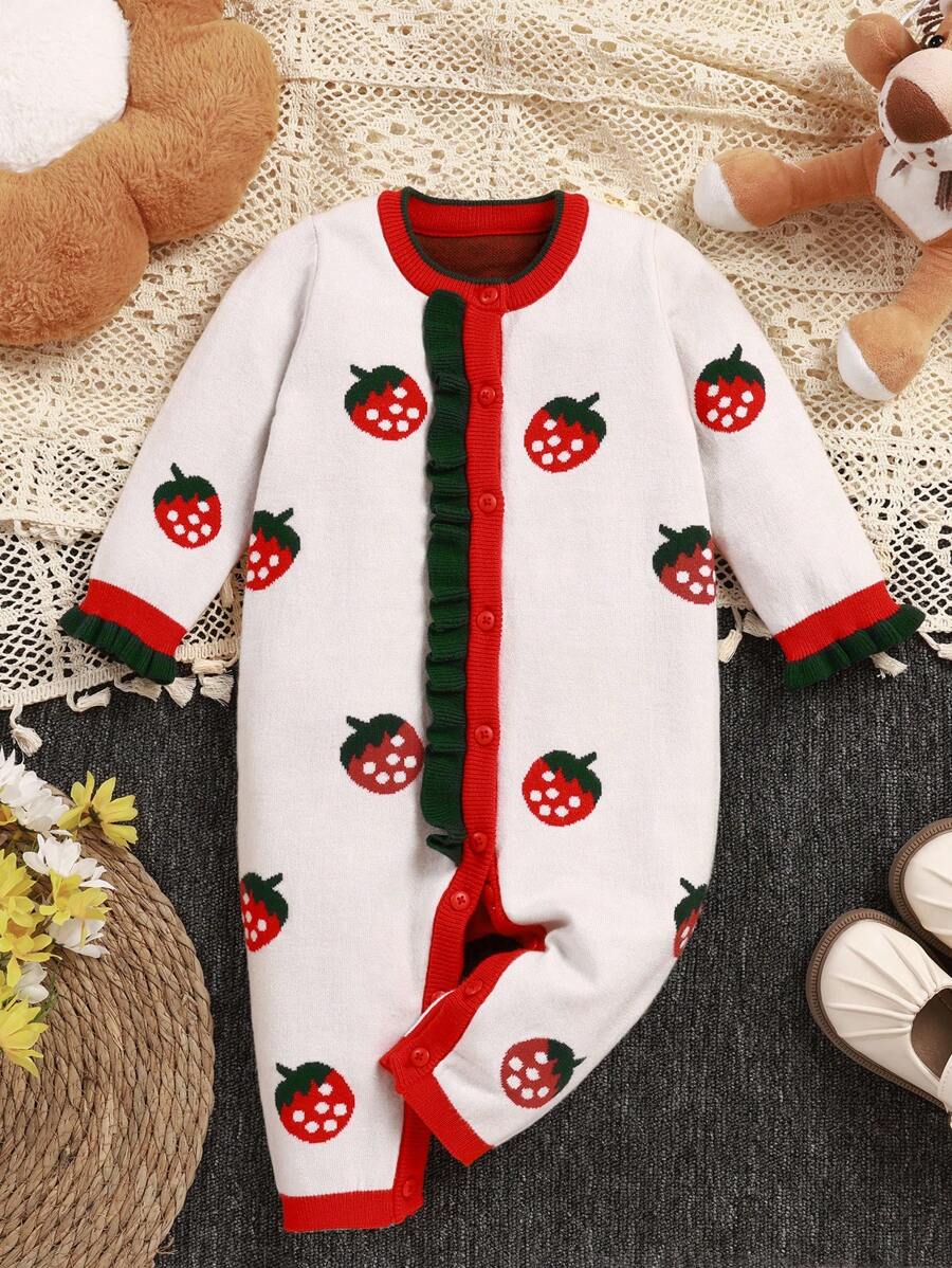 Infant & Baby Girl Cute Strawberry Jacquard Pattern Romper Jumpsuit, Fall/Winter - White - View 1