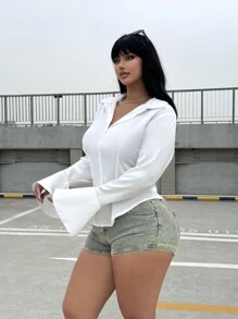 Flirla Blusa asimétrica de manga larga con campana, cintura ceñida y ajustada para mujer, de talla grande y elegante en color blanco - Blanco - Ver 6