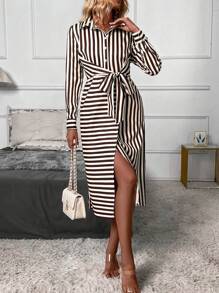 Chiquease Damen Hemdkleid mit Langarm, Streifenmuster und Einzelreihe Knöpfe, Frühling/Herbst