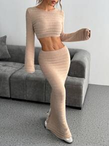 SHEIN Black Friday x Star Picks Flirla Bộ 2 món áo len cổ tròn lót nhiệt mềm mại tối giản màu kaki dành cho nữ và chân váy chữ A, thường ngày cho mùa thu/đông - Màu Khaki - Xem 6