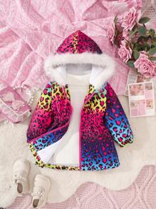 Casaco de manga comprida com capuz e estampa de leopardo para bebé menina, outono/inverno - Multicolorido - Ver 1