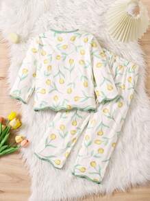 Set de 2 piezas de ropa casual para niña pequeña con top de manga larga con estampado de tulipanes y pantalones, conjunto de pijama para bebé de primavera