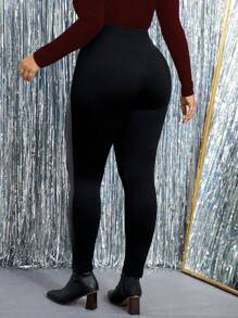 SHEIN Clasi Plus Size Simple Solid Color Patchwork Leggings, Casual Everyday Wear Fall Cloth For Women - Black - View 2