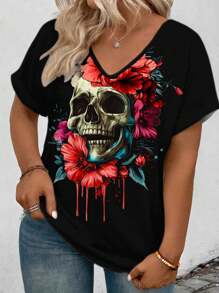 SHEIN LUNE Plus Size Skull Print V-Neck Casual Loose Fit Women Short Sleeve T-Shirt, Summer - White - View 2