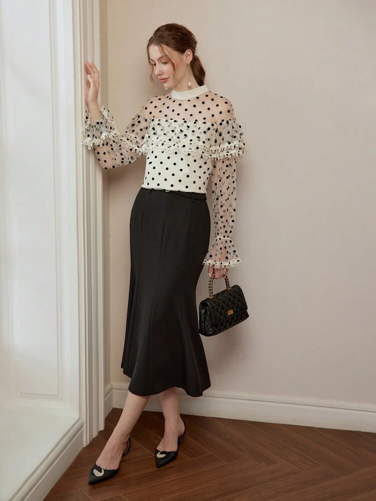POLKA DOT MESH LACE TRIM FLARE SLEEVE