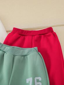 SHEIN 2 件装年轻男孩字母印花保暖内衬圆领运动衫和休闲厚裤套装，秋冬 - 白色 - 查看 6