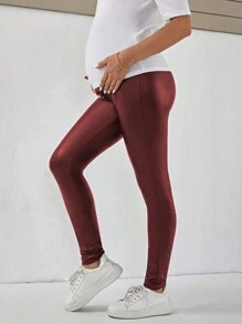SHEIN 可调节孕妇紧身 PU 皮革时尚裤 - 酒紅色 - 查看 5