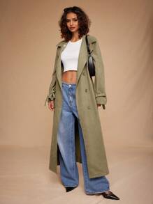 Forever 21 Autumn Winter New Turn-Down Collar Waist-Cinched Oversized Loose Long Trench Coat