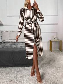 Chiquease Damen Hemdkleid mit Langarm, Streifenmuster und Einzelreihe Knöpfe, Frühling/Herbst