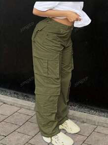 Plus Size Solid Color Button Casual Multi-Pocket Cargo Pants