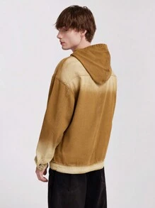 ROMWE MEN Prep Men Ombre Letter Print Hooded Denim Jacket - Khaki - View 2