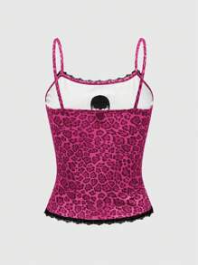 ROMWE Kawaii Y2K Style Abby PUNK Pink Leopard Lace & Skull Embroidered Women Tank Top - Hot Pink - View 2