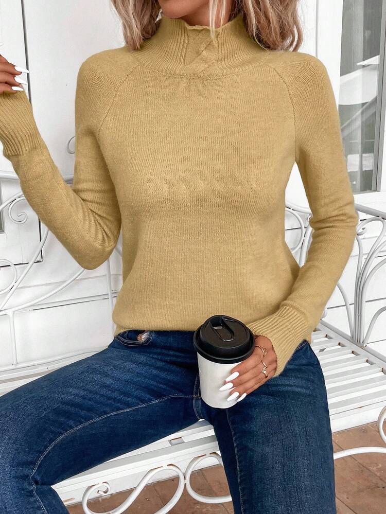 Women's Solid Color Stand Collar Long Sleeve Casual Sweater, Autumn/Winter