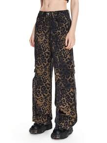ROMWE Hippie Women's Fashion Leopard Print Denim Jeans With Pockets - Multicolor - View 4