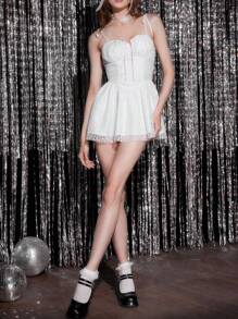 SHEIN MOD 女士白色蕾丝多层连衣裙，可翻转，优雅女士连衣裙，返校节连衣裙，短款礼服，返校节短款连衣裙 - 白色 - 查看 2