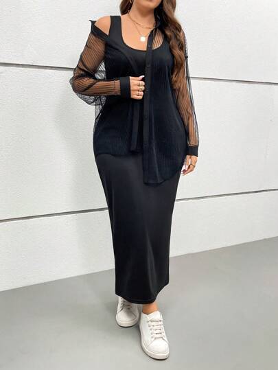 SHEIN Essnce Plus Size Women's Autumn Fall Women Dresses Fall Women Outfits Long Fall Dress Women Fall Sets New Fashion Casual Commuting Black Mesh See-Through Long-Sleeved Button-Down Shirt Long Sleeve Shirts Plus Black Long Sleeve Shirt And Black Suspender Long Dress Witch Dress Long Fall Dress 2-Piece Set