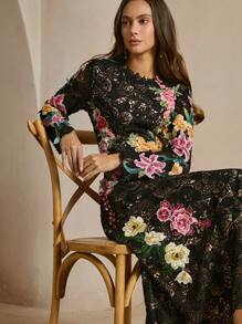 Anewsta 花卉印花长袖休闲连衣裙 - 黑色 - 查看 1