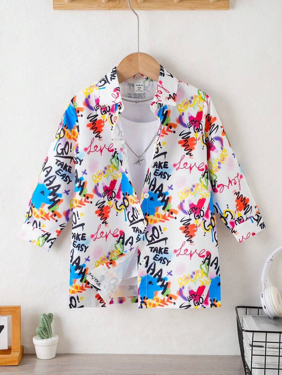 SHEIN 3 件套女童秋冬休闲涂鸦字母标语印花长袖上衣衬衫套装 - 彩色 - 查看 1